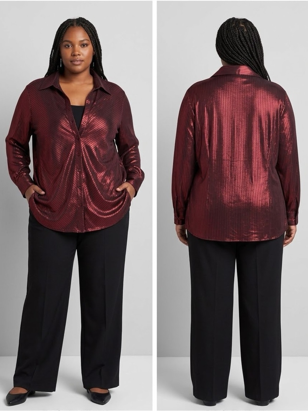 Metallic Burgundy Button-Front Women’s Shirt - Plus Size 26W